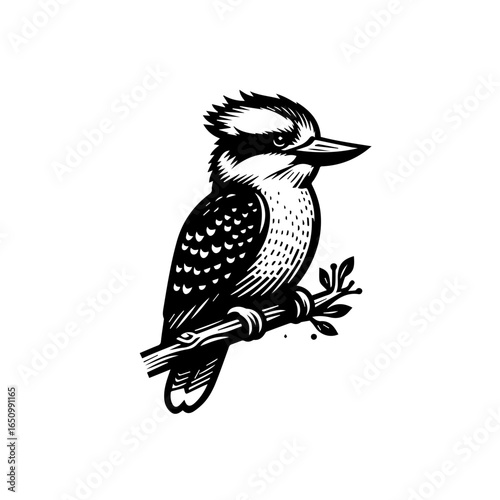 Kookaburra bird perched on a branch, isolated on white background