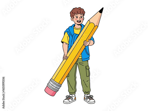 Child with Pencil: A young child joyfully embraces a large pencil, holding it up with pride, showcasing imagination and the tools of creativity. 