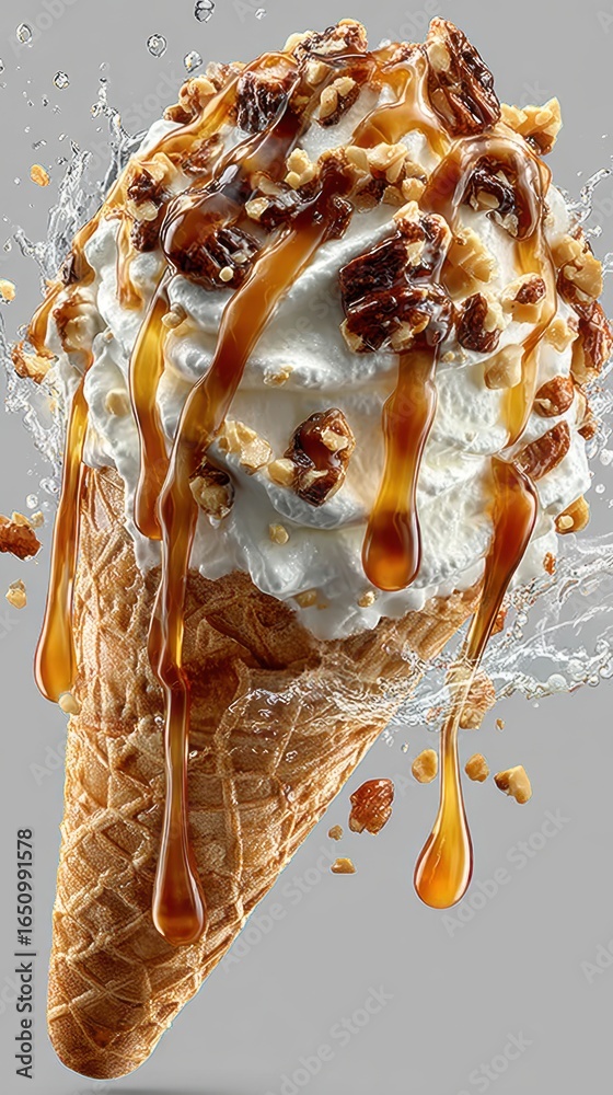 Naklejka premium Vanilla Ice Cream Cone with Caramel Drizzle, Pecans, Nuts and Splash Effect