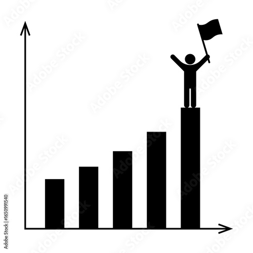 Business Success Growth Chart with Person Holding Flag Vector Illustration. A rising bar chart and a silhouette of a person standing triumphantly on the highest bar, holding a flag.
