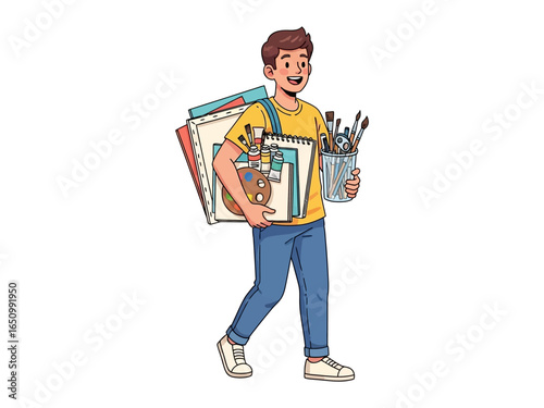 Artistic Endeavor: A cheerful artist, laden with creative tools and artistic supplies, steps forward with a sketchbook and canvas in hand.