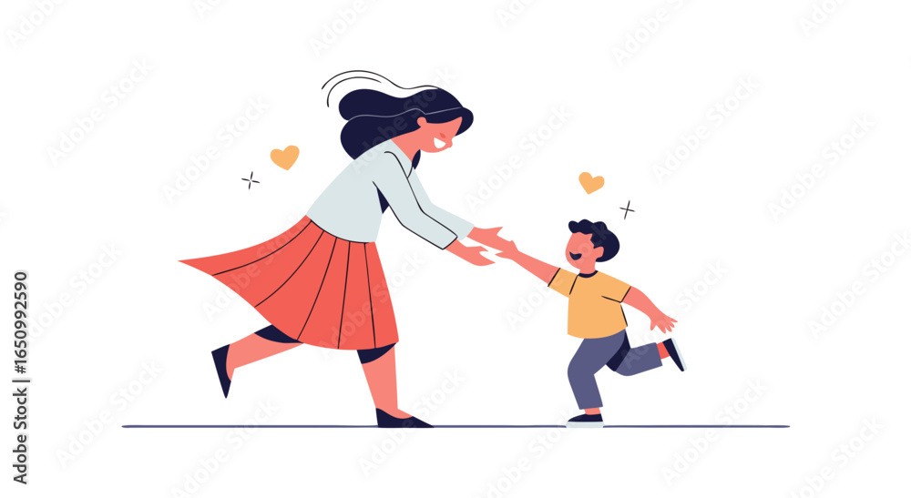 Fototapeta premium A mother happily embraces her son as he runs towards her with outstretched arms
