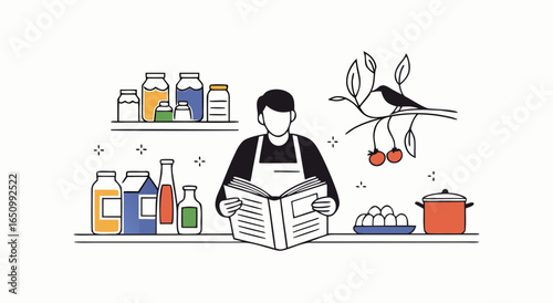 A person in an apron reads a recipe book in a well-stocked kitchen with jars bottles and cooking utensils displayed