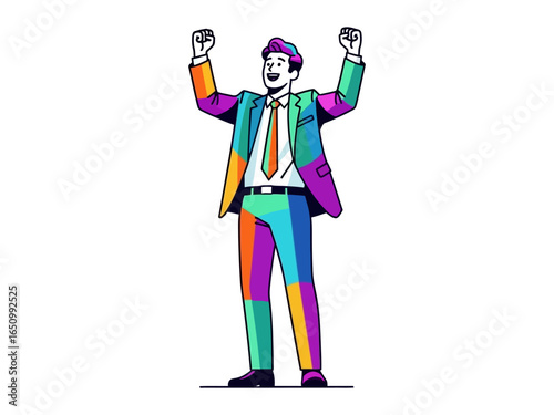 Celebrating Success: A vibrant illustration captures a business man in a celebratory pose, symbolizing triumph and achievement.