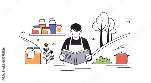 A person in an apron reads a recipe book in a well-stocked kitchen with jars bottles and cooking utensils displayed