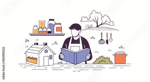 A person in an apron reads a recipe book in a well-stocked kitchen with jars bottles and cooking utensils displayed
