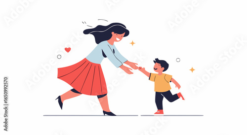 A mother happily embraces her son as he runs towards her with outstretched arms