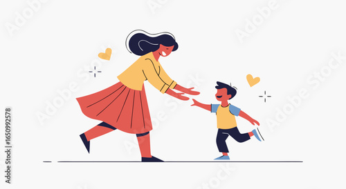 A mother happily embraces her son as he runs towards her with outstretched arms
