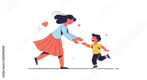 A mother happily embraces her son as he runs towards her with outstretched arms