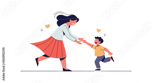 A mother happily embraces her son as he runs towards her with outstretched arms