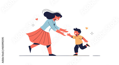 A mother happily embraces her son as he runs towards her with outstretched arms