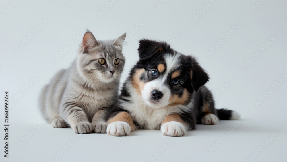 Obraz premium Grey kitten and Australian Shepherd puppy lying together, indoor portrait. Adorable animals, pet companionship, cute and playful, domestic animals.