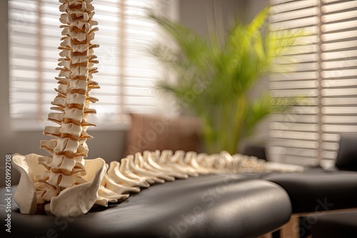 Model spine on massage table