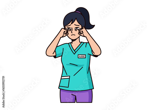 Tired medical staff: A cartoon of a healthcare professional displays weariness, highlighting the demanding and stressful realities faced by healthcare workers.