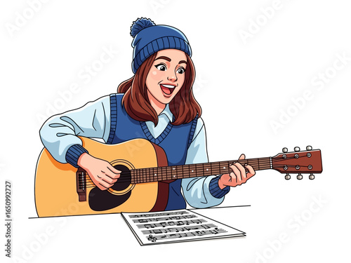 Melody's Serenade: A young woman, wrapped in a cozy beanie, strums a sunlit guitar with soulful joy, bringing music to life. Her gaze meets the viewer with harmonious bliss. 