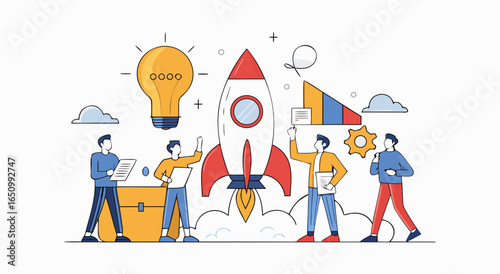 Innovative business startup team achieving rapid launch success and growth togethe