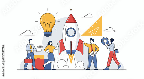 Innovative business startup team achieving rapid launch success and growth togethe