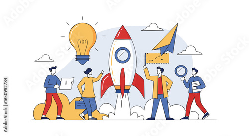 Innovative business startup team achieving rapid launch success and growth togethe