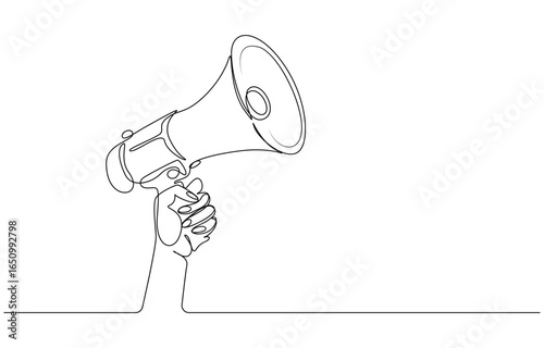 One line hand with megaphone. Person hold loudspeaker in continuous lines style. Symbol of sale, hiring or event announcement, Continuous single one line art drawing of megaphone speaker for news 