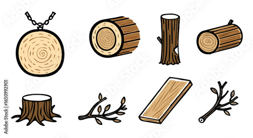 Collection of forest woodland timber lumber and natural wood elements for design projects