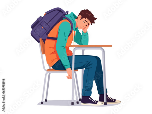 Student Exhaustion: A student burdened by a heavy backpack, slumped in their desk, captures the weariness and challenges of education.