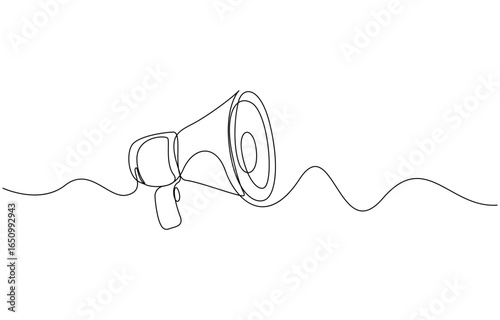 One line hand with megaphone. Person hold loudspeaker in continuous lines style. Symbol of sale, hiring or event announcement, Continuous single one line art drawing of megaphone speaker for news 