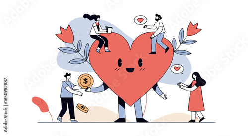 People help donate money and support a big heart illustration for charity and compassion