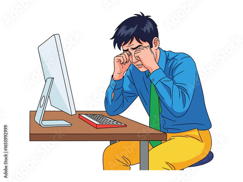 Work Overload: A man at desk struggling with eye strain caused by work, facing the challenges of an overly demanding workload in a graphic illustration.