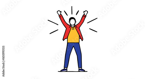 Excited person celebrating with arms raised high demonstrating joyful victory achievement success