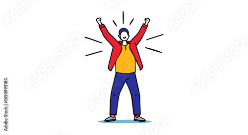 Excited person celebrating with arms raised high demonstrating joyful victory achievement success