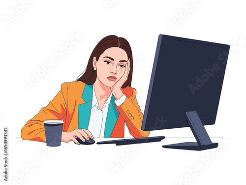 Boredom at the Desk: A woman with a tired expression sits at her desk, gazing at a computer screen with a cup of coffee nearby, the image captures the essence of weariness.