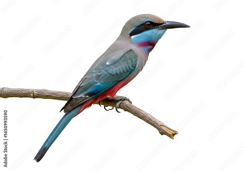 Obraz premium Vibrant rainbow-hued bird perched on a branch with a sleek black background