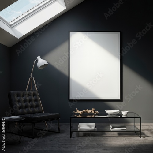 Minimal living room with vertical blank wall frame mockup, empty canvas poster template. Interior mockups with home interior background. Modern home decor wall art design. 3D render