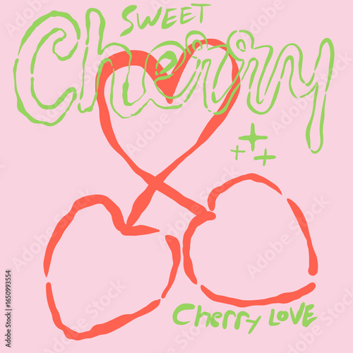 Sweet cherry artwork. Organic food artwork for for t-shirt. Cherry fruit print. Nature fruit club print design. Cherry farm artwork. Fruit vintage t-shirt design.