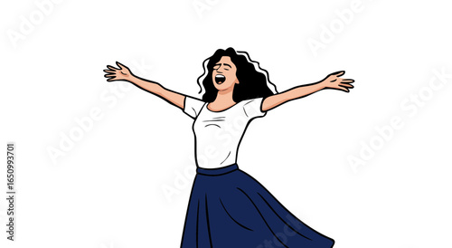 Joyful young woman with arms extended upward expressing happiness and freedom in a white space