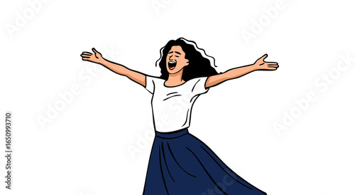 Joyful young woman with arms extended upward expressing happiness and freedom in a white space