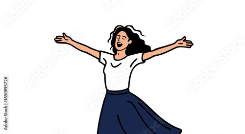 Joyful young woman with arms extended upward expressing happiness and freedom in a white space