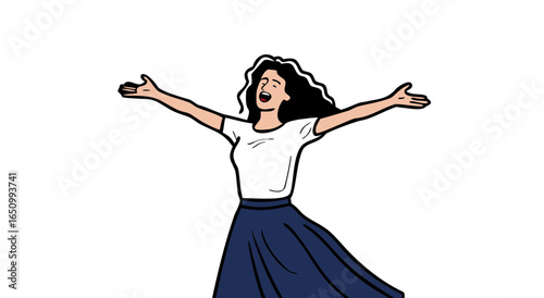 Joyful young woman with arms extended upward expressing happiness and freedom in a white space