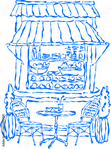 Café scene with table, chairs, and storefront