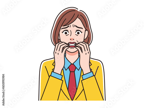 Anxiety Expressed: A businesswoman, visibly gripped by anxiety, her wide eyes and hands pressed to her mouth, conveying a sense of fear, worry, and distress.