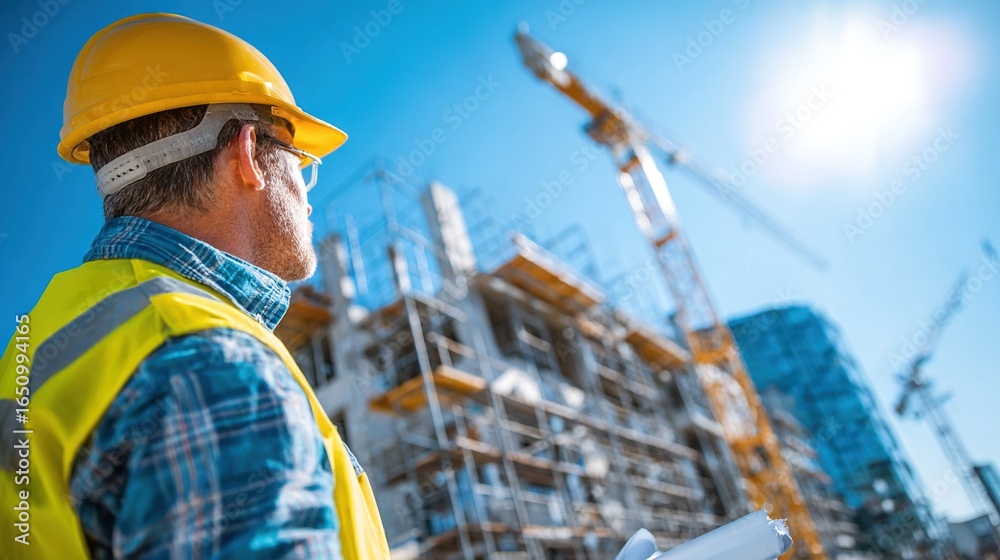Construction engineer in helmet and safety vest inspects building site with cranes and scaffolding under bright sky, symbolizing progress and development Construction engineer in helmet and safety vest inspects building site with cranes and scaffolding under bright sky, symbolizing progress and development