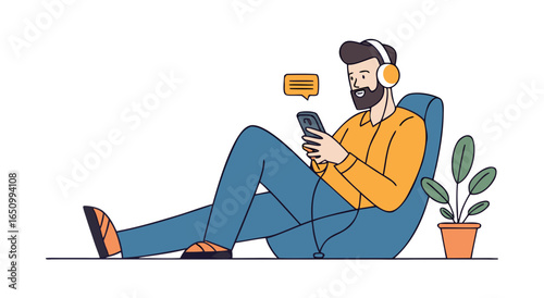 Modern man relaxing on beanbag chair listening to music and using mobile phone illustration