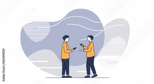 Two people holding hands and sharing ideas with colorful abstract background and horizontal lines