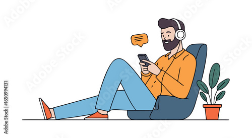 Modern man relaxing on beanbag chair listening to music and using mobile phone illustration