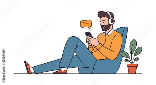 Modern man relaxing on beanbag chair listening to music and using mobile phone illustration
