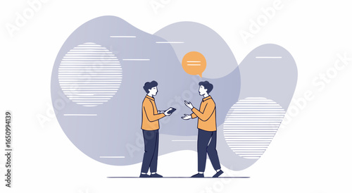 Two people holding hands and sharing ideas with colorful abstract background and horizontal lines