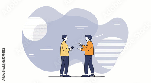 Two people holding hands and sharing ideas with colorful abstract background and horizontal lines