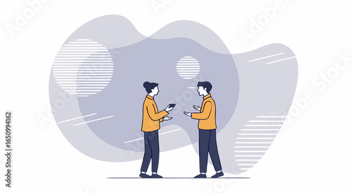 Two people holding hands and sharing ideas with colorful abstract background and horizontal lines