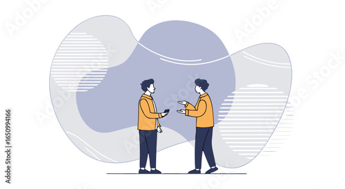 Two people holding hands and sharing ideas with colorful abstract background and horizontal lines