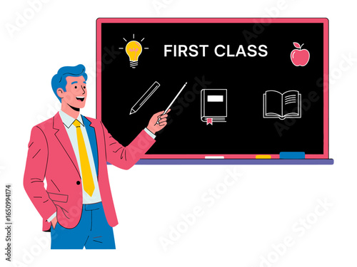 First Class Education: A friendly instructor stands before a chalkboard, illuminating the core elements of education and the pursuit of knowledge.